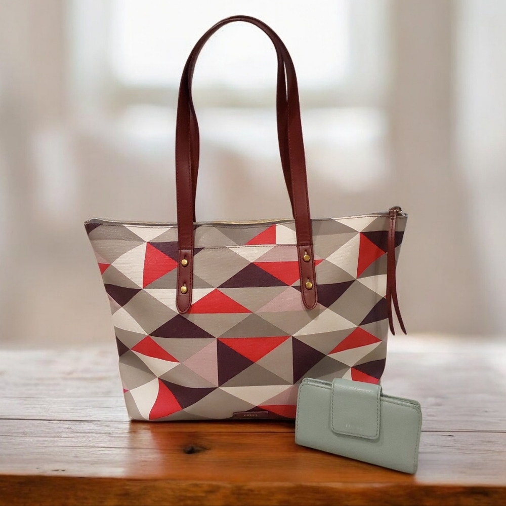 Fossil Jayda tote bag red multi geometric print And Madison multifunction wallet